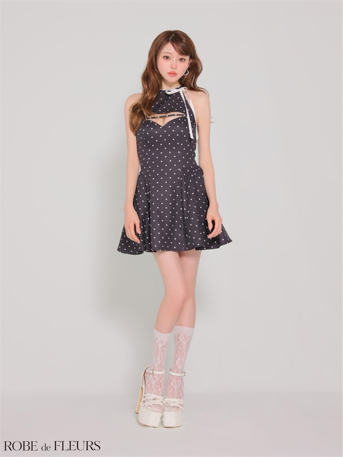 ROBE de FLEURS ローブドフルール 【XSサイズあり】ドットアメスリリボンミニキャバドレス fm4806