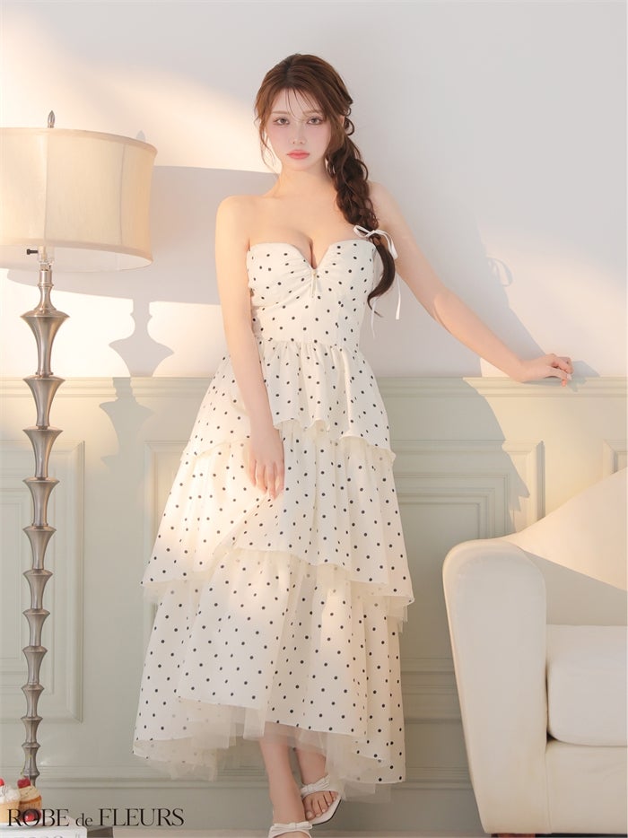 ROBE de FLEURS ローブドフルール 【XS～Lサイズあり】 ドットティアードバックリボンロングキャバドレス