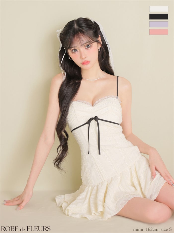 ROBE de FLEURS ローブドフルール 【XSサイズあり】 バイカラーリボンシフォンフレアミニキャバドレス fm5009
