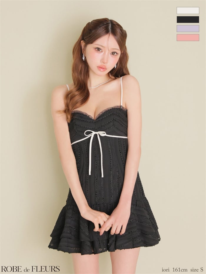 ROBE de FLEURS ローブドフルール 【XSサイズあり】 バイカラーリボンシフォンフレアミニキャバドレス fm5009