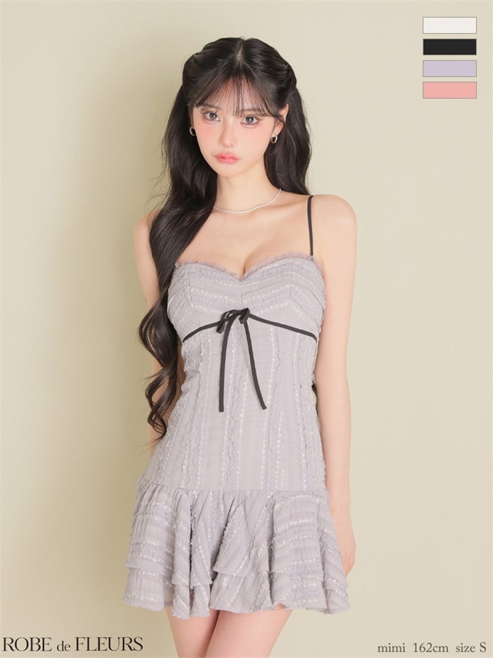 ROBE de FLEURS ローブドフルール 【XSサイズあり】 バイカラーリボンシフォンフレアミニキャバドレス fm5009