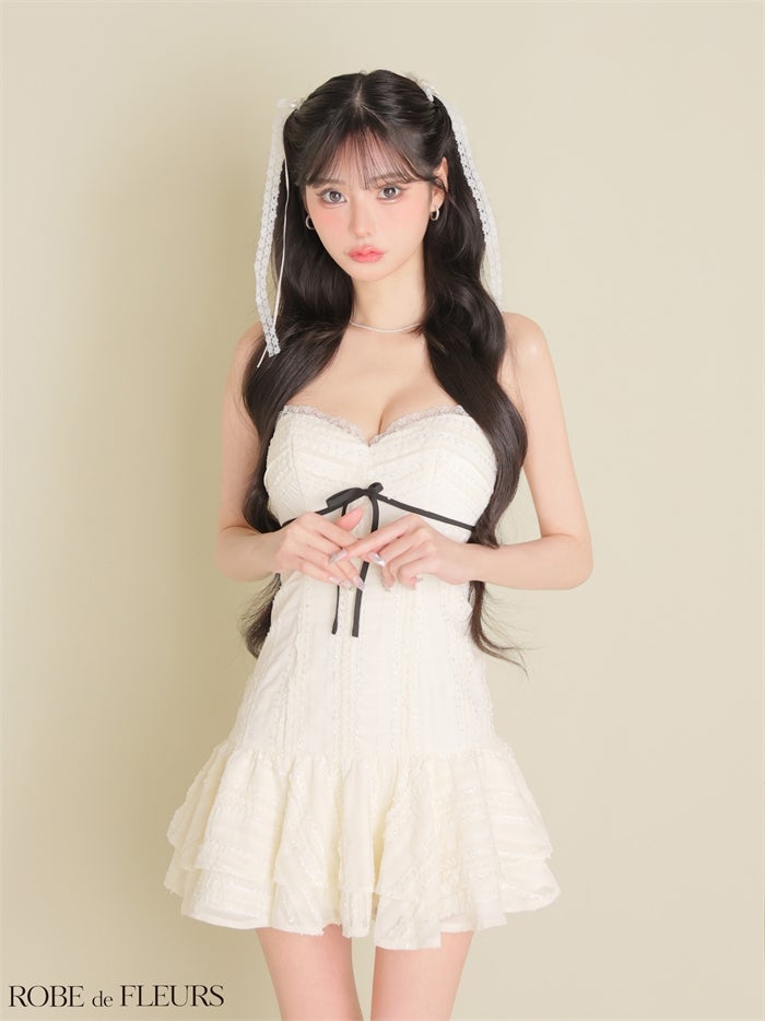 ROBE de FLEURS ローブドフルール 【XSサイズあり】 バイカラーリボンシフォンフレアミニキャバドレス fm5009