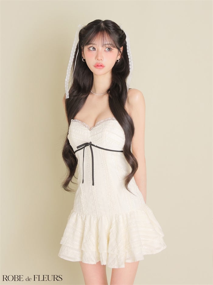 ROBE de FLEURS ローブドフルール 【XSサイズあり】 バイカラーリボンシフォンフレアミニキャバドレス fm5009