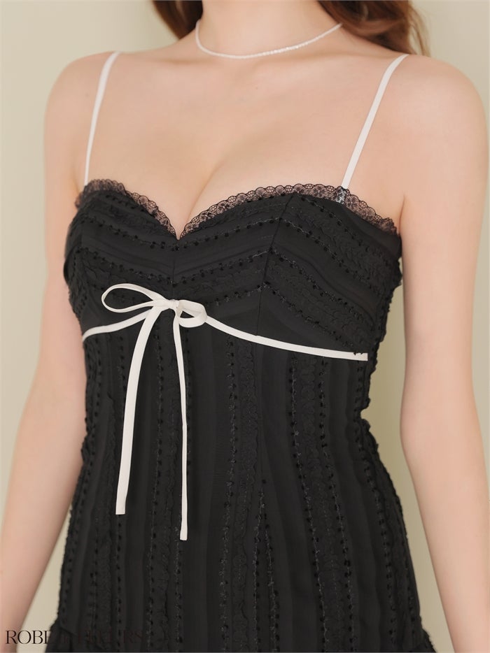 ROBE de FLEURS ローブドフルール 【XSサイズあり】 バイカラーリボンシフォンフレアミニキャバドレス fm5009