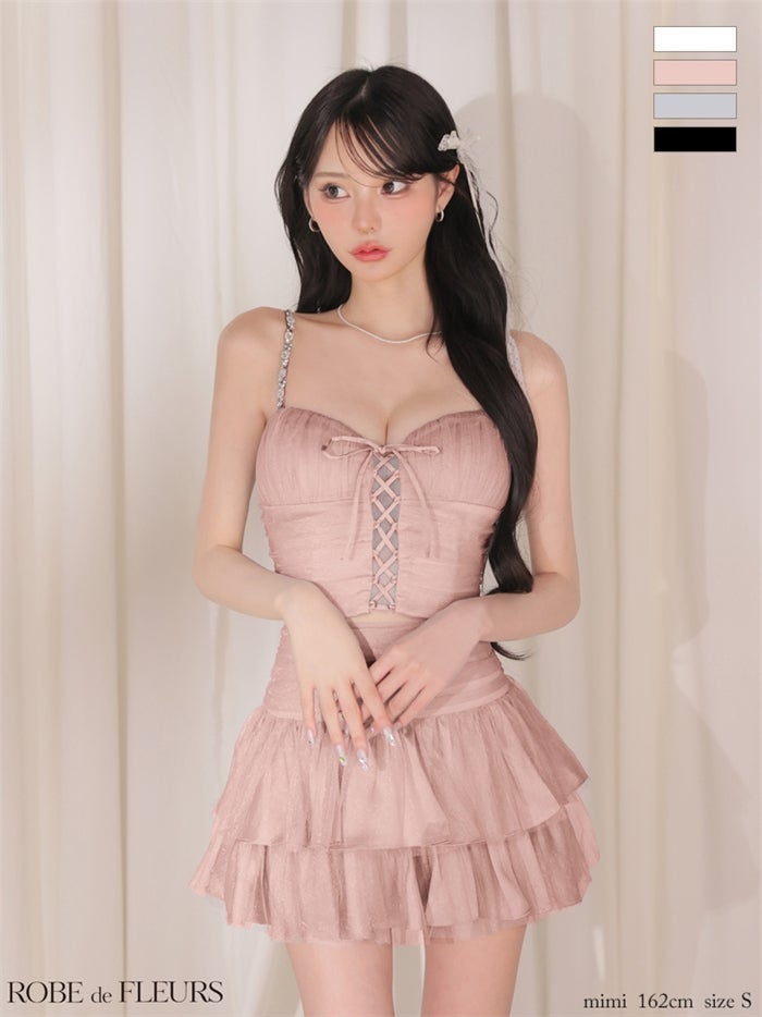 ROBE de FLEURS ローブドフルール 【XSサイズあり】 レースアップラメチュールティアードフリルセットアップミニキャバドレス fm4375-c