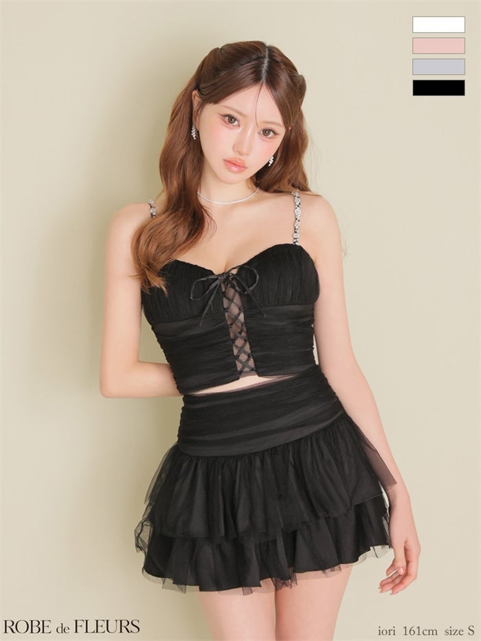 ROBE de FLEURS ローブドフルール 【XSサイズあり】 レースアップラメチュールティアードフリルセットアップミニキャバドレス fm4375-c