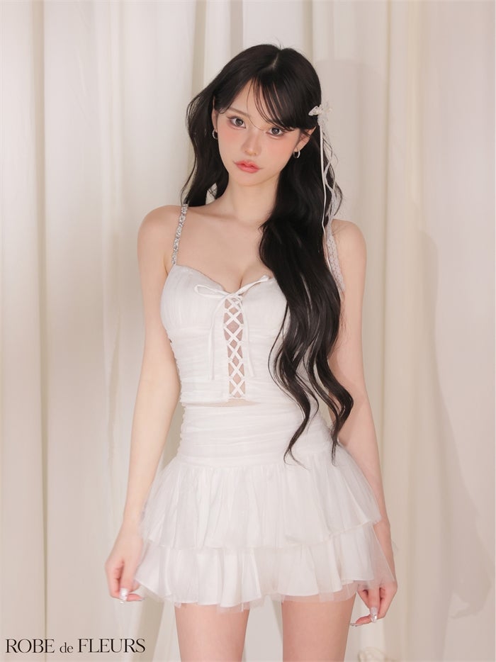 ROBE de FLEURS ローブドフルール 【XSサイズあり】 レースアップラメチュールティアードフリルセットアップミニキャバドレス fm4375-c