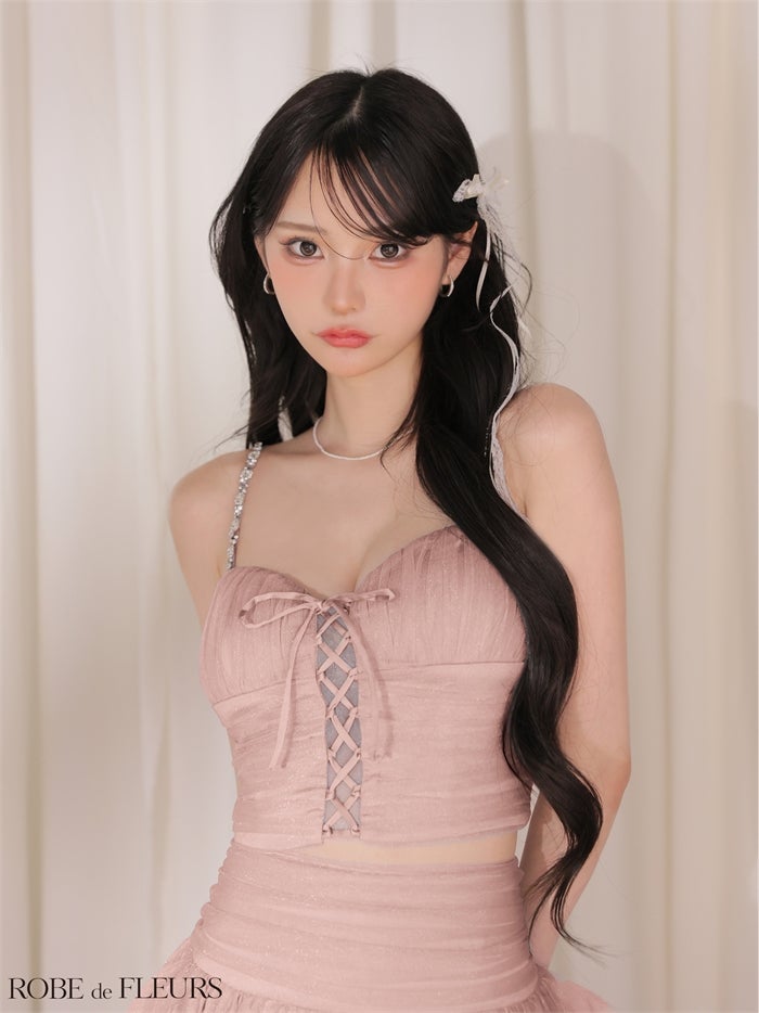 ROBE de FLEURS ローブドフルール 【XSサイズあり】 レースアップラメチュールティアードフリルセットアップミニキャバドレス fm4375-c
