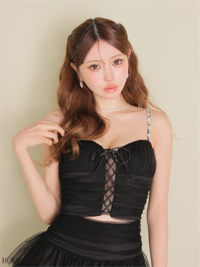 ROBE de FLEURS ローブドフルール 【XSサイズあり】 レースアップラメチュールティアードフリルセットアップミニキャバドレス fm4375-c