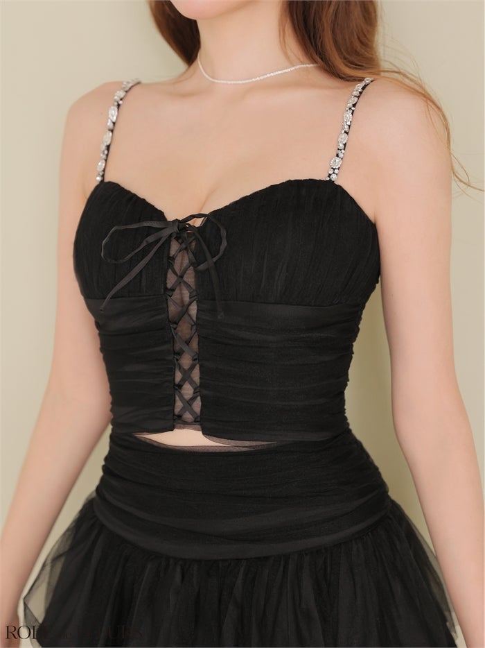 ROBE de FLEURS ローブドフルール 【XSサイズあり】 レースアップラメチュールティアードフリルセットアップミニキャバドレス fm4375-c