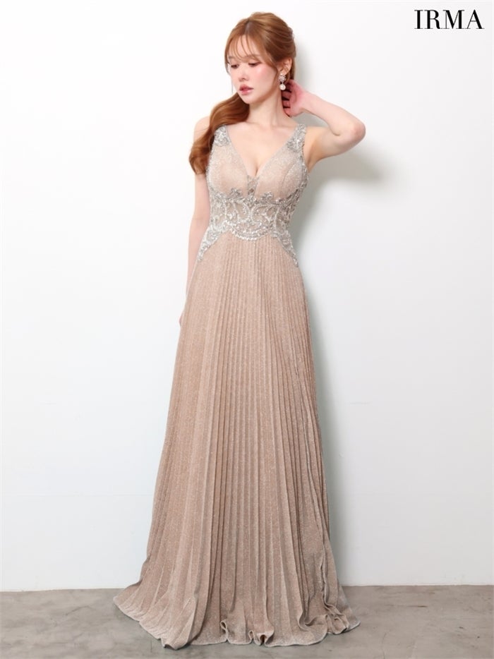 IRMA イルマ ラメ/プリーツ/刺繍/シアー ロングドレス ir61169-c