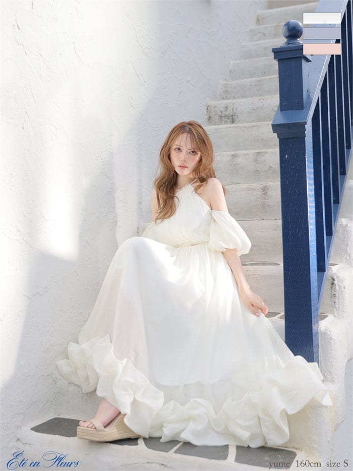 【XS～Lサイズあり】 Puff sleeve tuck frill long dress VC4681-c