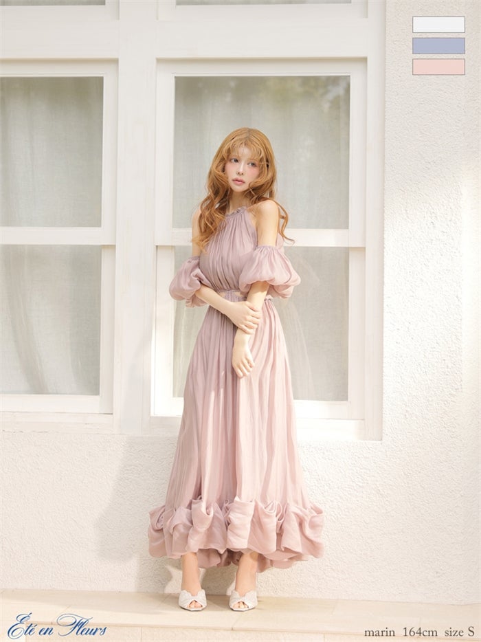 【XS～Lサイズあり】 Puff sleeve tuck frill long dress VC4681-c