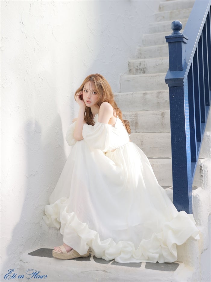 【XS～Lサイズあり】 Puff sleeve tuck frill long dress VC4681-c