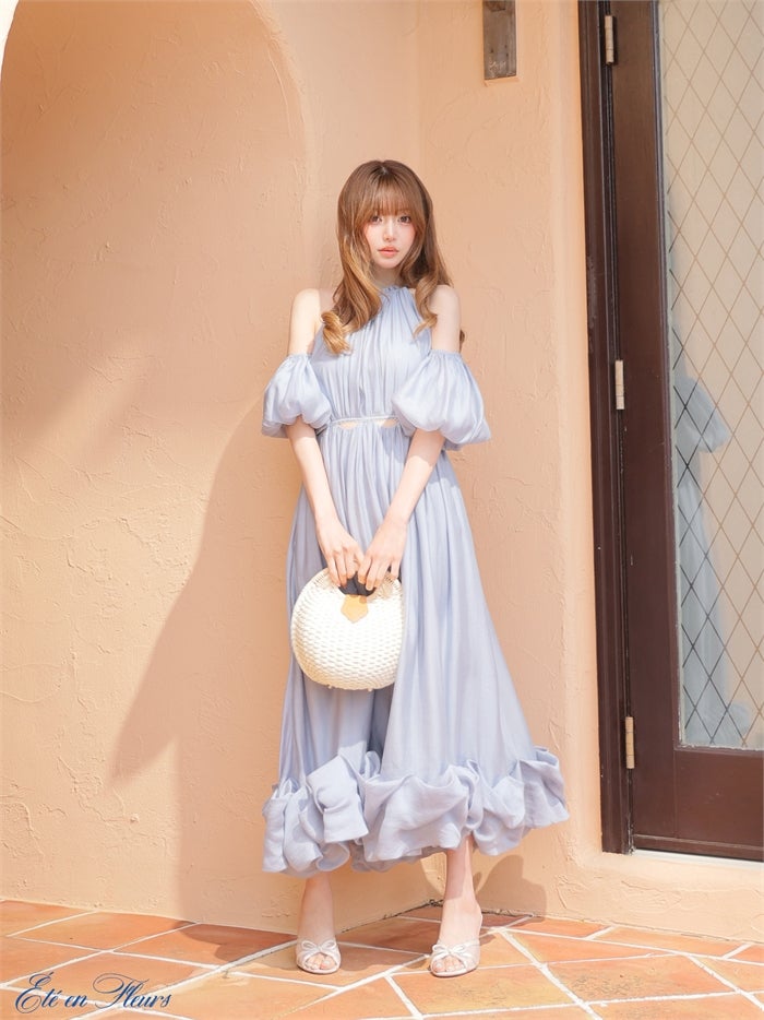 【XS～Lサイズあり】 Puff sleeve tuck frill long dress VC4681-c
