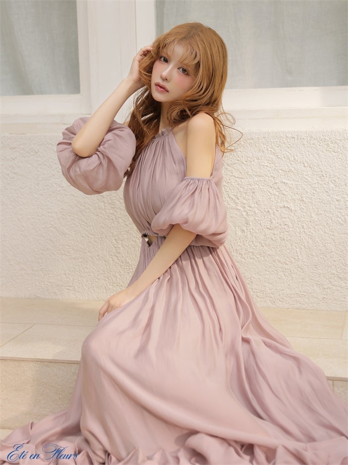 【XS～Lサイズあり】 Puff sleeve tuck frill long dress VC4681-c