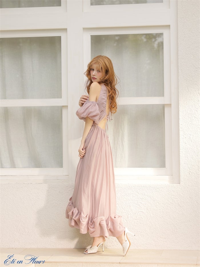 【XS～Lサイズあり】 Puff sleeve tuck frill long dress VC4681-c