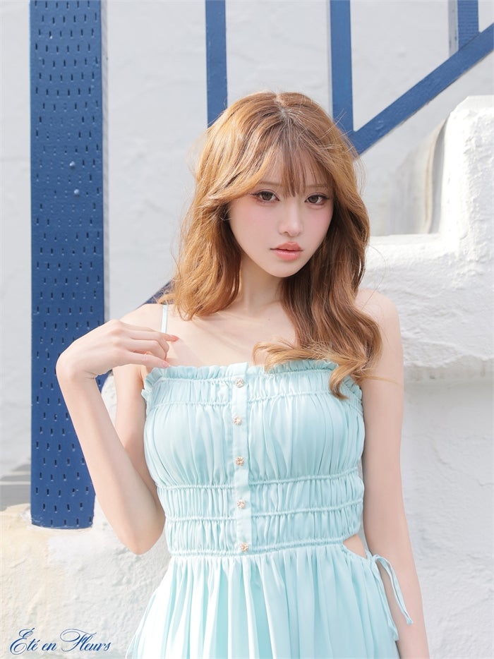【XS～Lサイズあり】 Satin gathered cami long dress VC4685-c