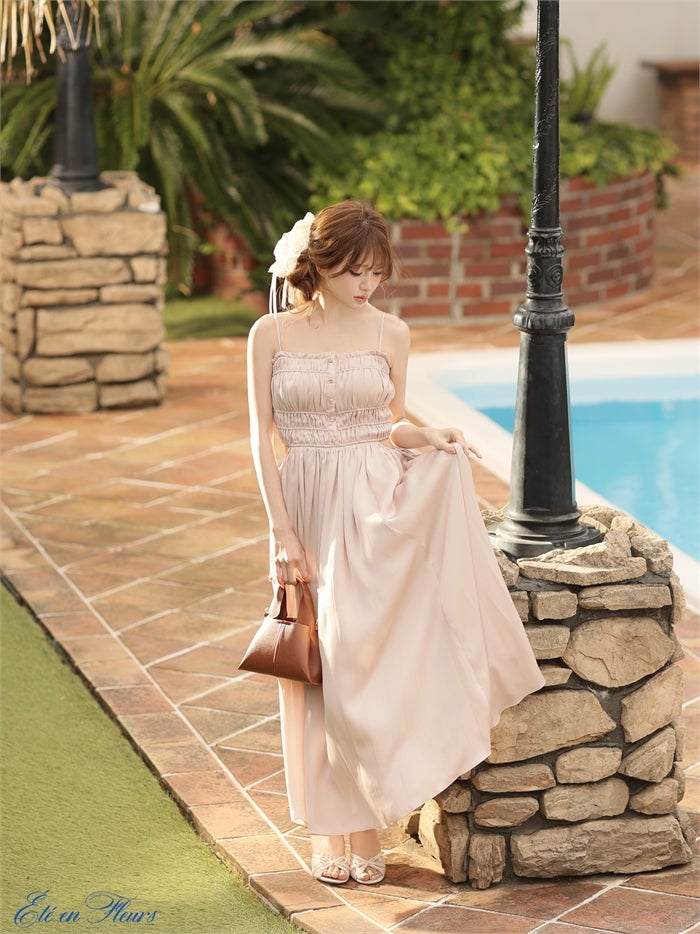 【XS～Lサイズあり】 Satin gathered cami long dress VC4685-c