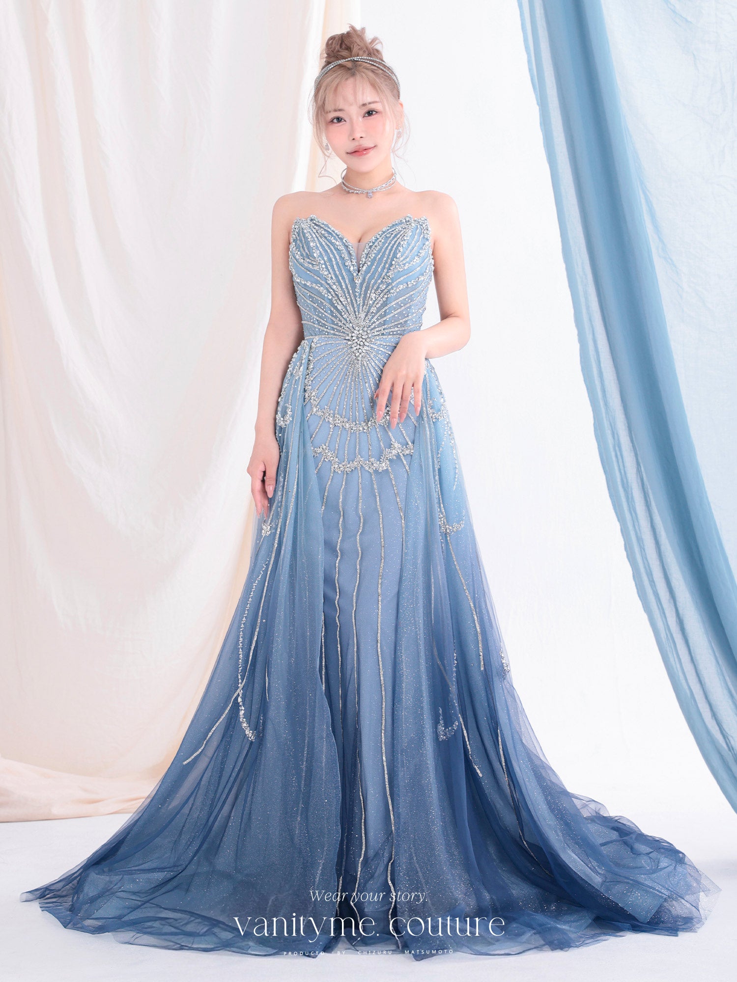 vanityME.couture. バニティーミークチュール Ciel Etoile Couture シエル・エトワール・クチュール ロングドレス ブルー 水色 ビジュー チュール バースデー vctr-l-a1508