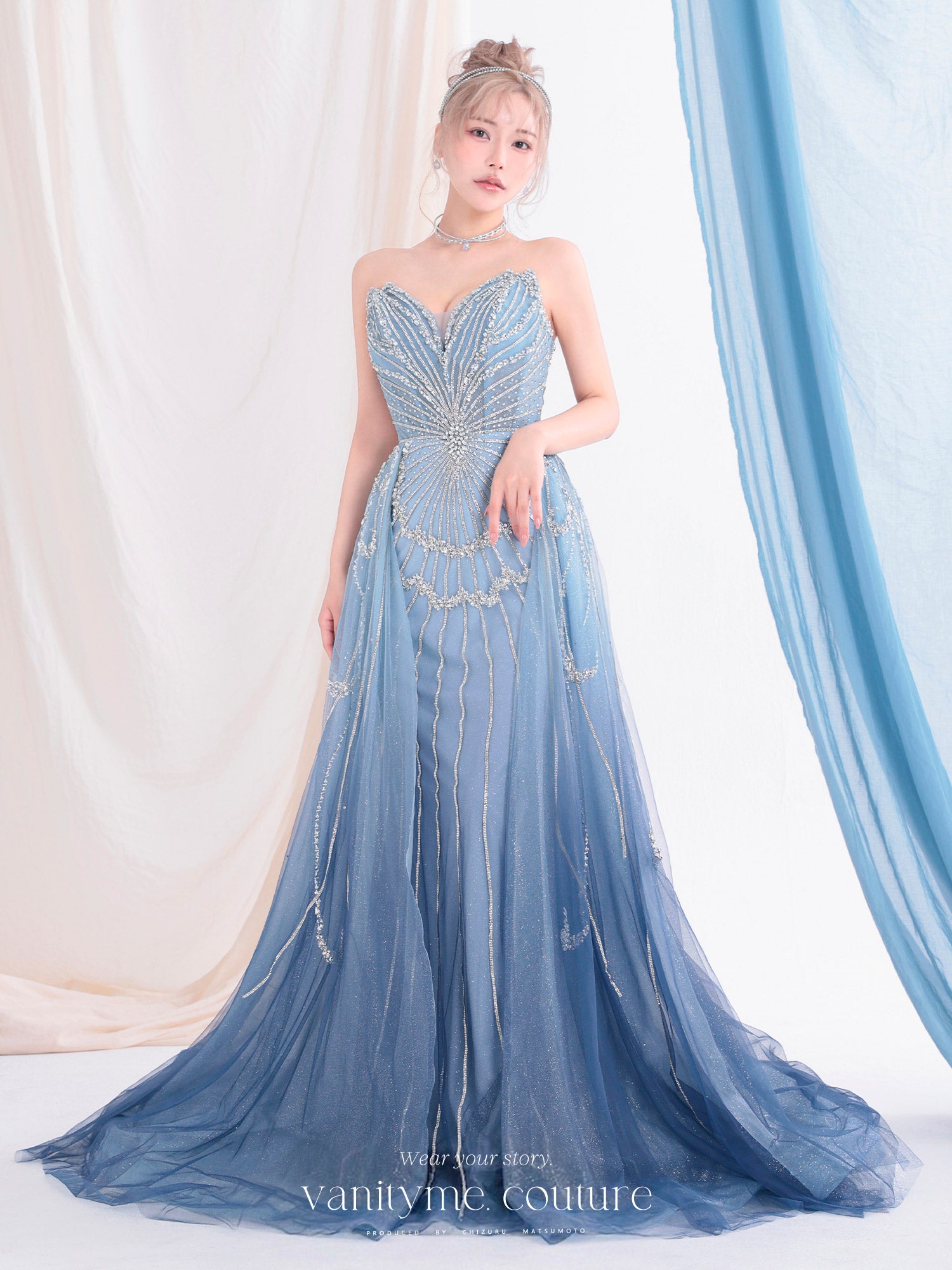 vanityME.couture. バニティーミークチュール Ciel Etoile Couture シエル・エトワール・クチュール ロングドレス ブルー 水色 ビジュー チュール バースデー vctr-l-a1508