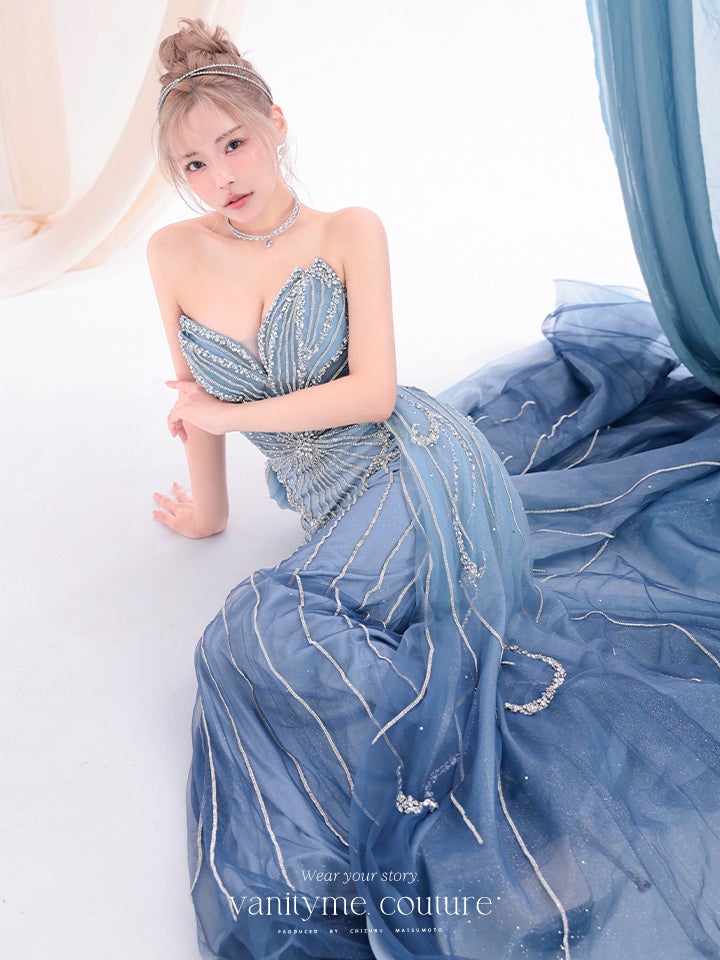 vanityME.couture. バニティーミークチュール Ciel Etoile Couture シエル・エトワール・クチュール ロングドレス ブルー 水色 ビジュー チュール バースデー vctr-l-a1508