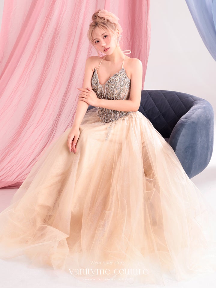 vanityME.couture. バニティーミークチュール Lumiere Bijou Couture リュミエール・ビジュー・クチュール ロングドレス シャンパンゴールド ビジュー バースデー vctr-l-cd721-1
