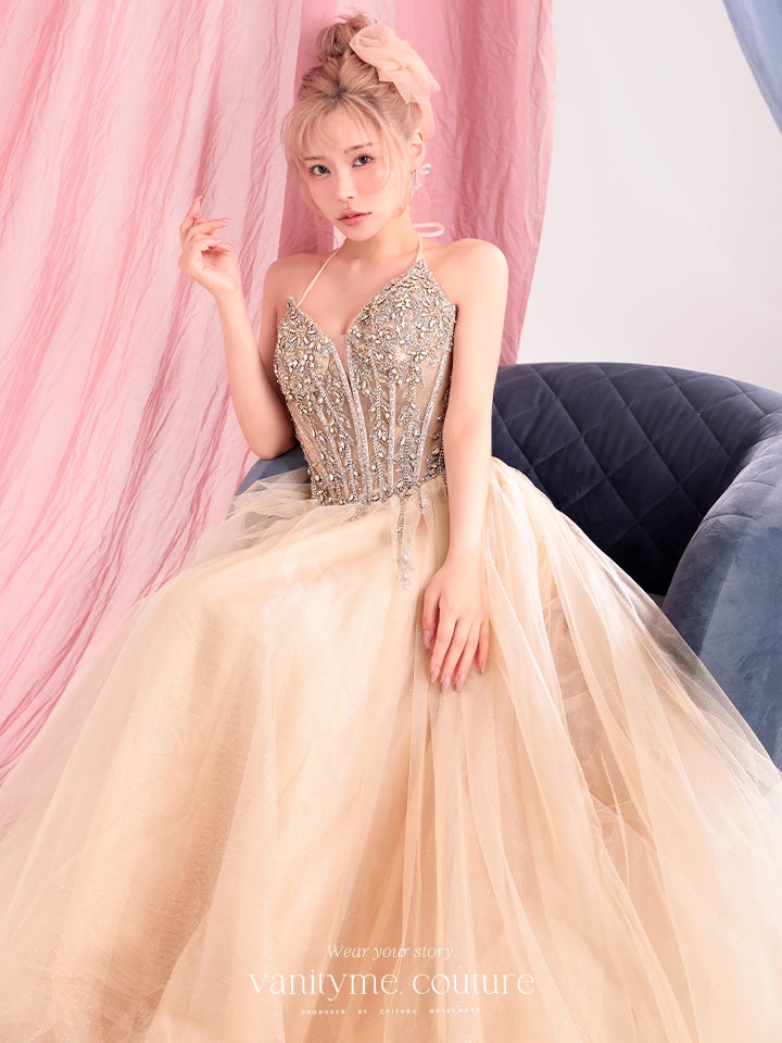 vanityME.couture. バニティーミークチュール Lumiere Bijou Couture リュミエール・ビジュー・クチュール ロングドレス シャンパンゴールド ビジュー バースデー vctr-l-cd721-1