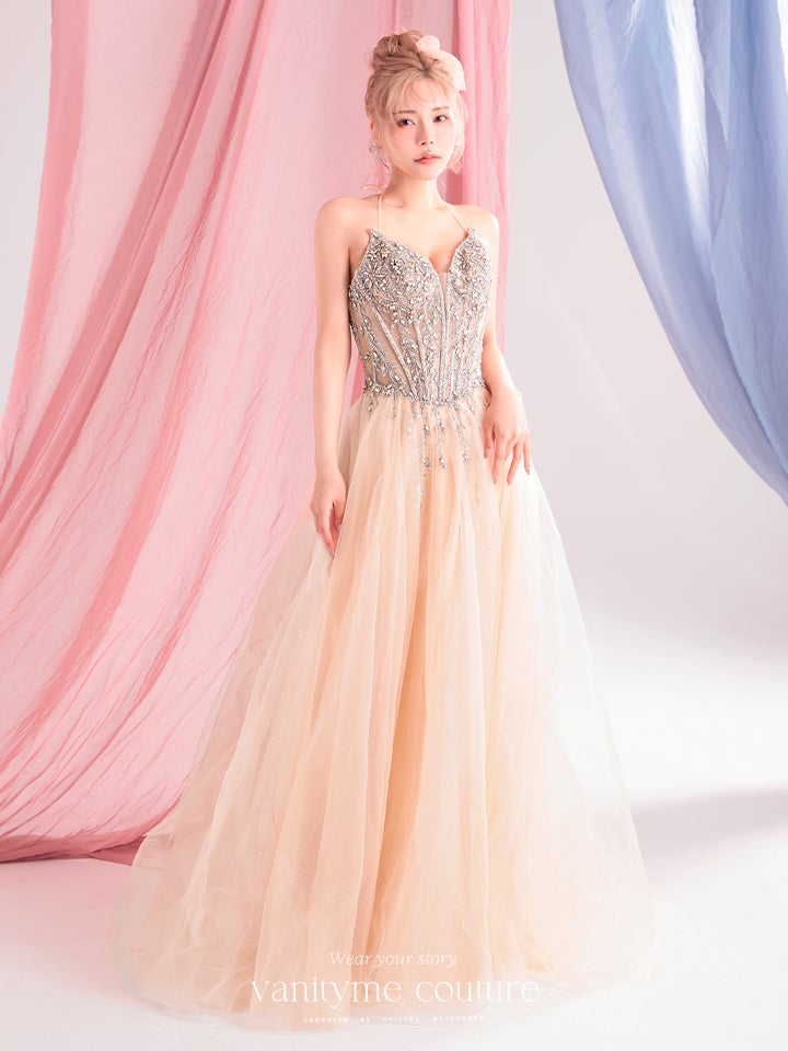 vanityME.couture. バニティーミークチュール Lumiere Bijou Couture リュミエール・ビジュー・クチュール ロングドレス シャンパンゴールド ビジュー バースデー vctr-l-cd721-1
