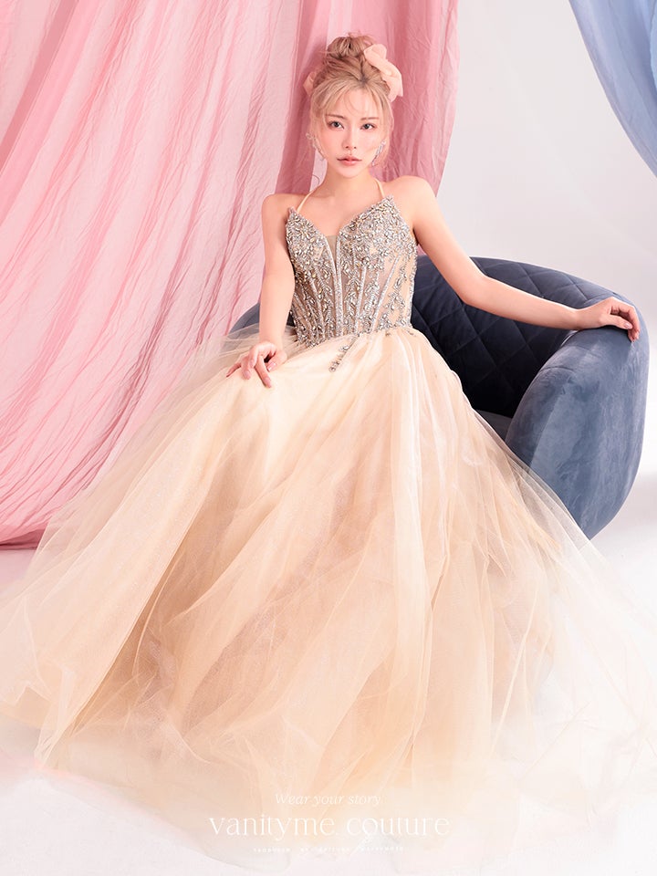 vanityME.couture. バニティーミークチュール Lumiere Bijou Couture リュミエール・ビジュー・クチュール ロングドレス シャンパンゴールド ビジュー バースデー vctr-l-cd721-1