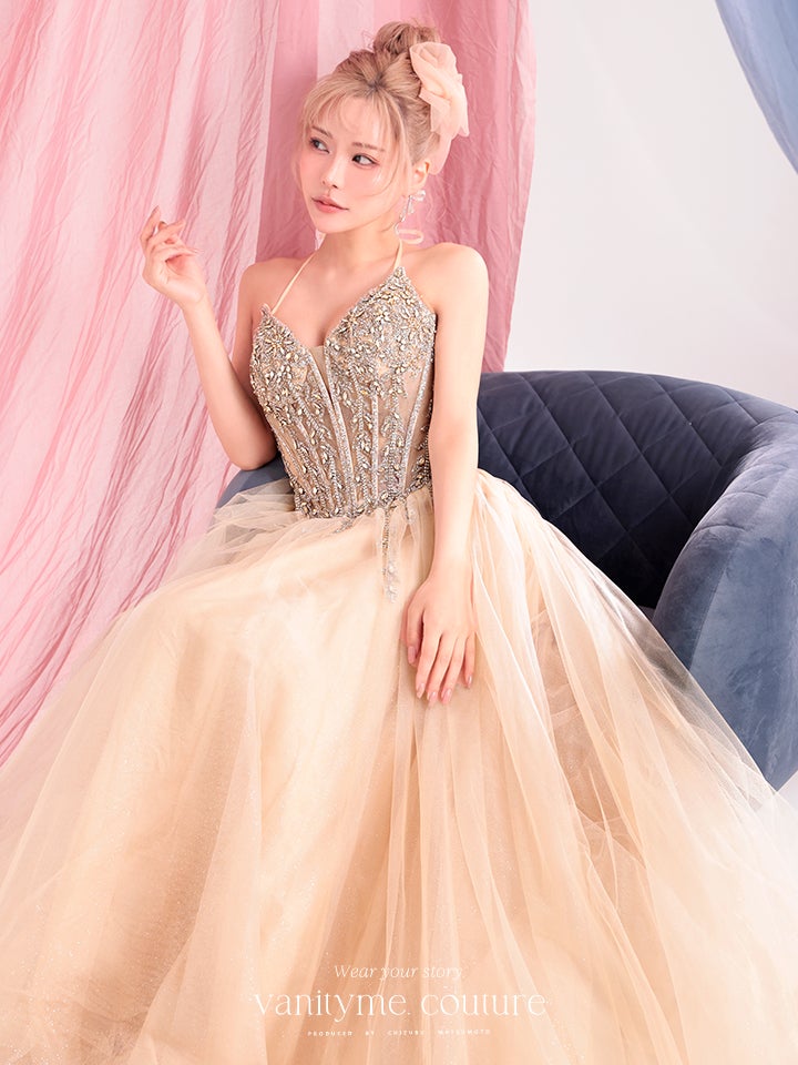 vanityME.couture. バニティーミークチュール Lumiere Bijou Couture リュミエール・ビジュー・クチュール ロングドレス シャンパンゴールド ビジュー バースデー vctr-l-cd721-1