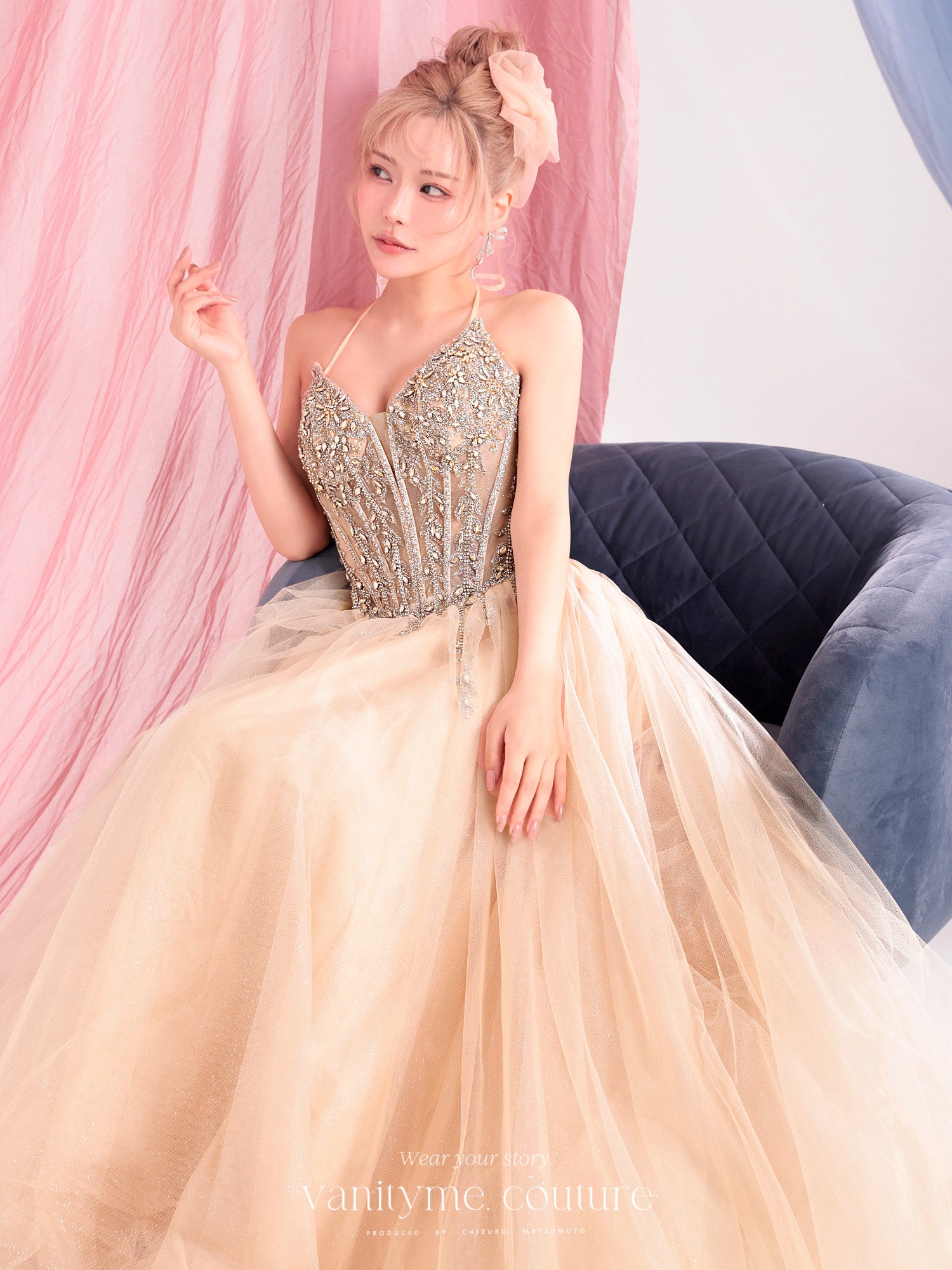 vanityME.couture. バニティーミークチュール Lumiere Bijou Couture リュミエール・ビジュー・クチュール ロングドレス シャンパンゴールド ビジュー バースデー vctr-l-cd721-1