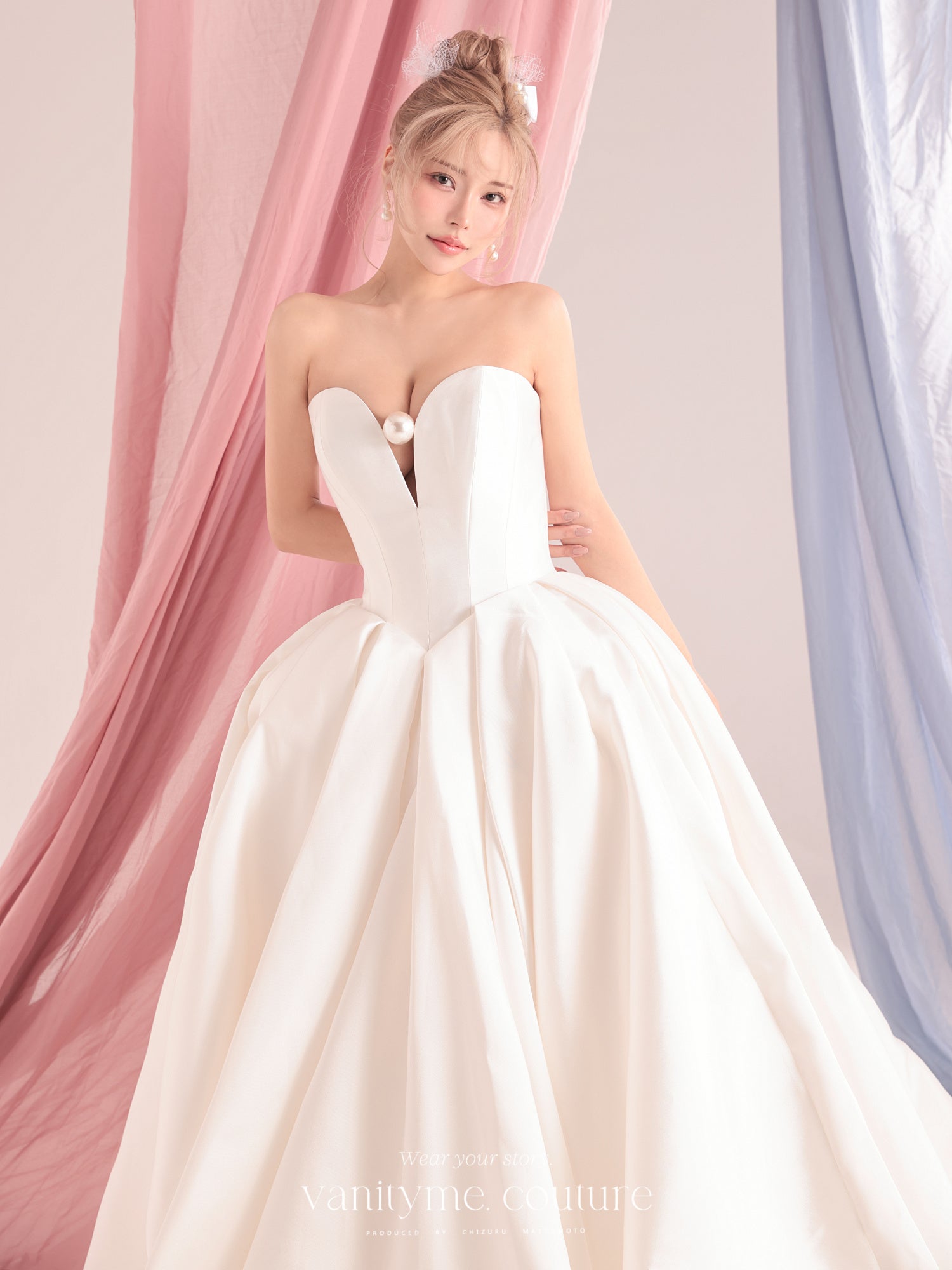 vanityME.couture. バニティーミークチュール Blanc Perle Couture ブラン・ペルル・クチュール ロングドレス ホワイト 白 サテン パール プリンセス バースデー vctr-c-0072