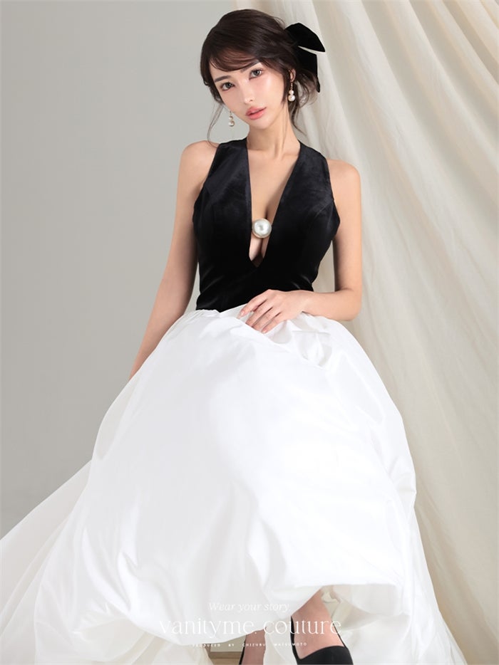 vanityME.couture. バニティーミークチュール Noir Blanc Couture ノワール・ブラン・クチュール ロングドレス ブラック 黒 ホワイト ベロア パール バースデー vctr-c-1202