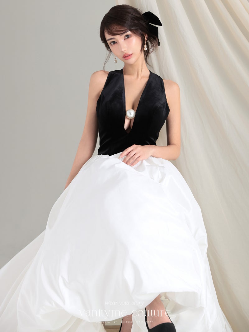 vanityME.couture. バニティーミークチュール Noir Blanc Couture ノワール・ブラン・クチュール ロングドレス ブラック 黒 ホワイト ベロア パール バースデー vctr-c-1202