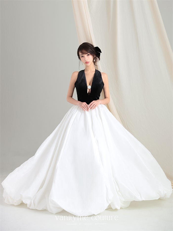 vanityME.couture. バニティーミークチュール Noir Blanc Couture ノワール・ブラン・クチュール ロングドレス ブラック 黒 ホワイト ベロア パール バースデー vctr-c-1202