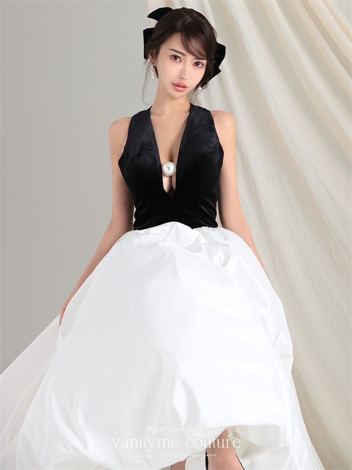 vanityME.couture. バニティーミークチュール Noir Blanc Couture ノワール・ブラン・クチュール ロングドレス ブラック 黒 ホワイト ベロア パール バースデー vctr-c-1202