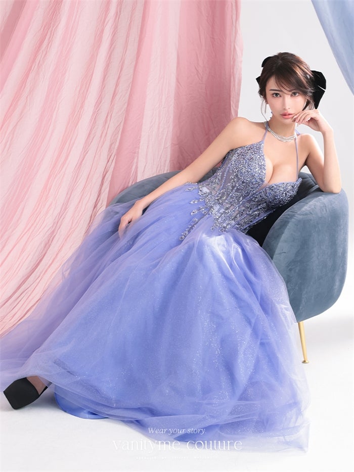 vanityME.couture. バニティーミークチュール Lumiere Bijou Couture リュミエール・ビジュー・クチュール ロングドレス ブルー 青紫 ビジュー バースデー vctr-l-cd721-2