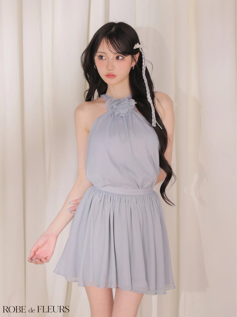 ROBE de FLEURS ローブドフルール 【XSサイズあり】フラワーブローチホルターネックラメフレアミニキャバドレス fm4649-c