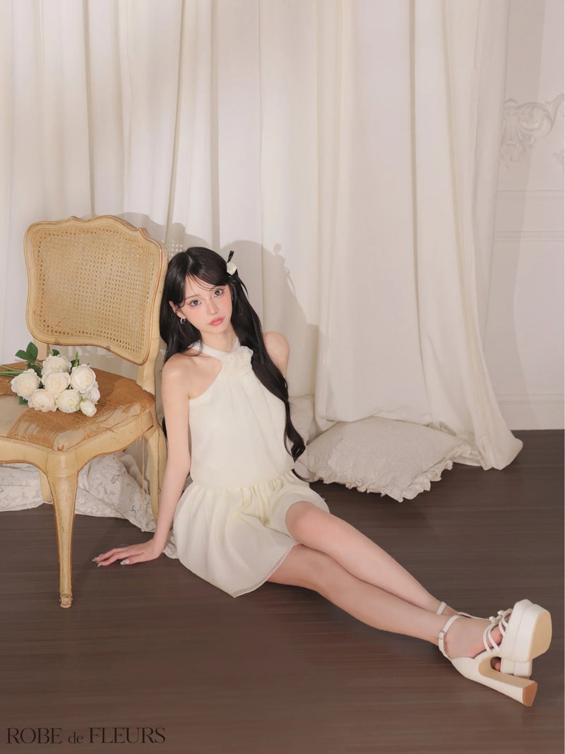 ROBE de FLEURS ローブドフルール 【XSサイズあり】フラワーブローチホルターネックラメフレアミニキャバドレス fm4649-c