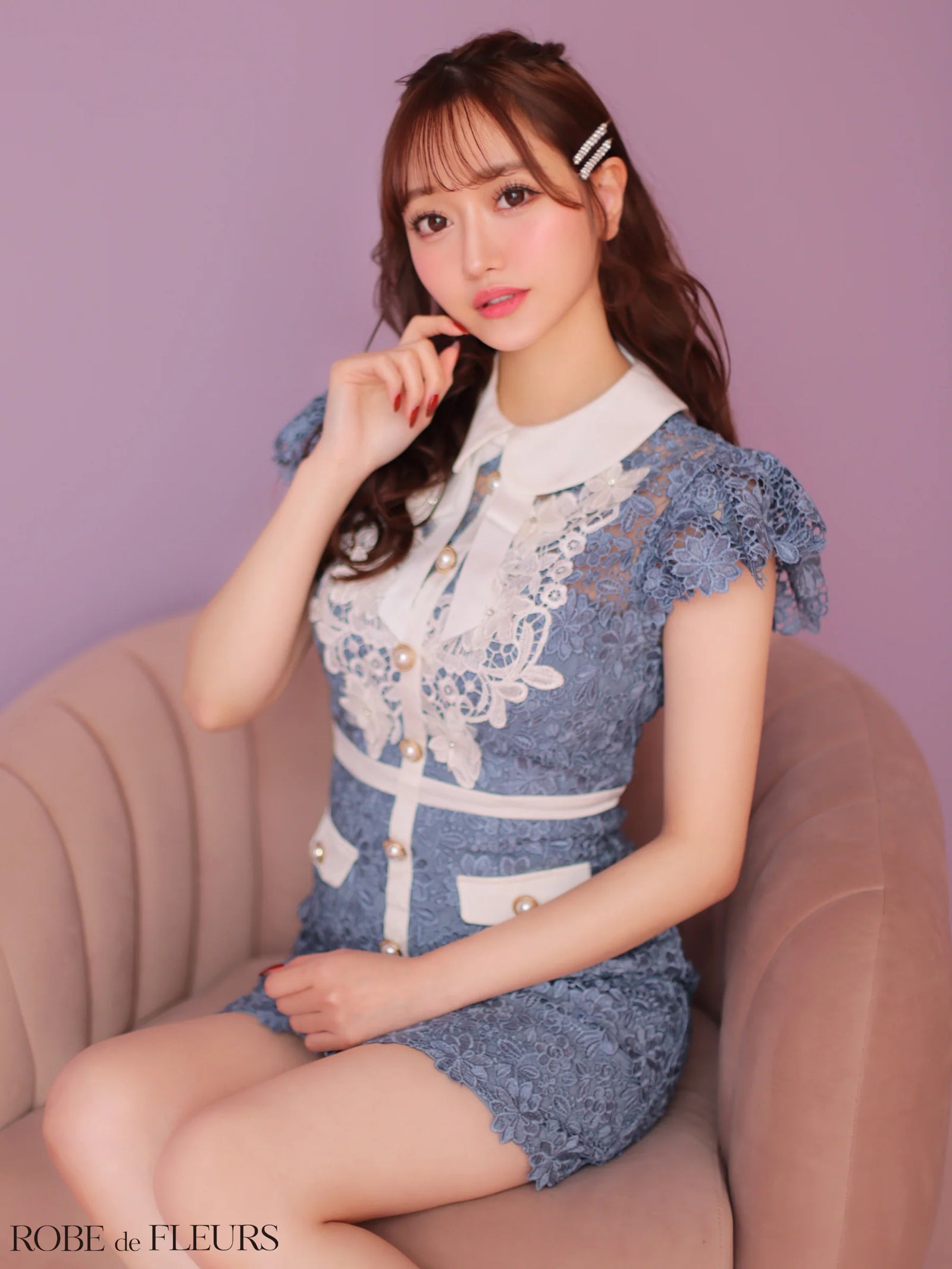 ROBE de FLEURS ローブドフルール 【XSサイズあり】襟付きリボン×フラワーミニキャバドレス fm3309-c