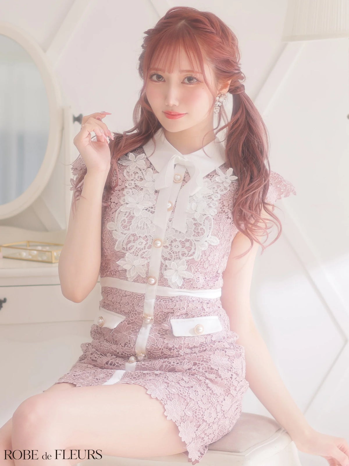 ROBE de FLEURS ローブドフルール 【XSサイズあり】襟付きリボン×フラワーミニキャバドレス fm3309-c