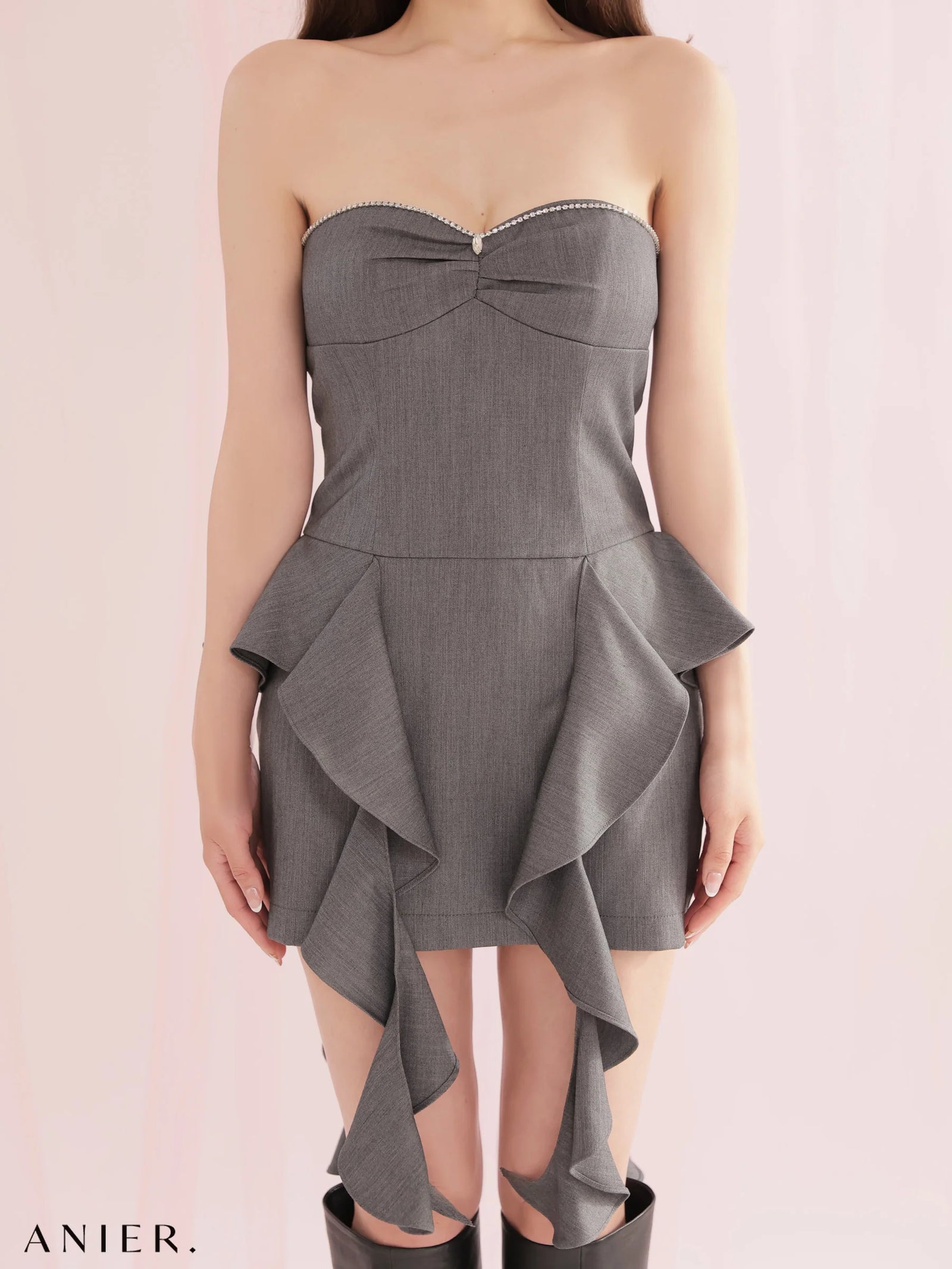 ROBE de FLEURS anier.ROBE ローブドフルール アニエルローブ 【XSサイズあり】Minimal bijou trim ruffled mini dress fm-anier4080-c