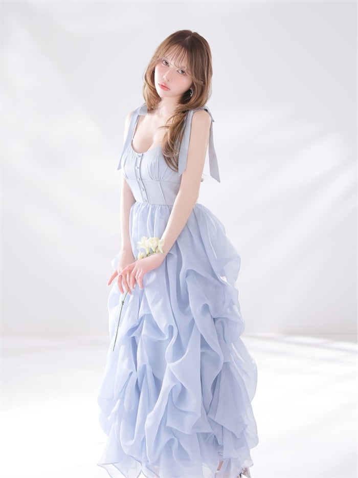 ROBE de FLEURS ローブドフルール 【XS～Lサイズあり】 ショルダーリボンバルーンフリルロングキャバドレス fm4687-c