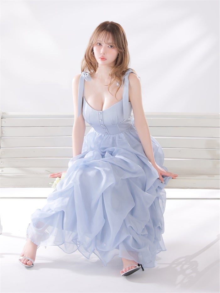 ROBE de FLEURS ローブドフルール 【XS～Lサイズあり】 ショルダーリボンバルーンフリルロングキャバドレス fm4687-c