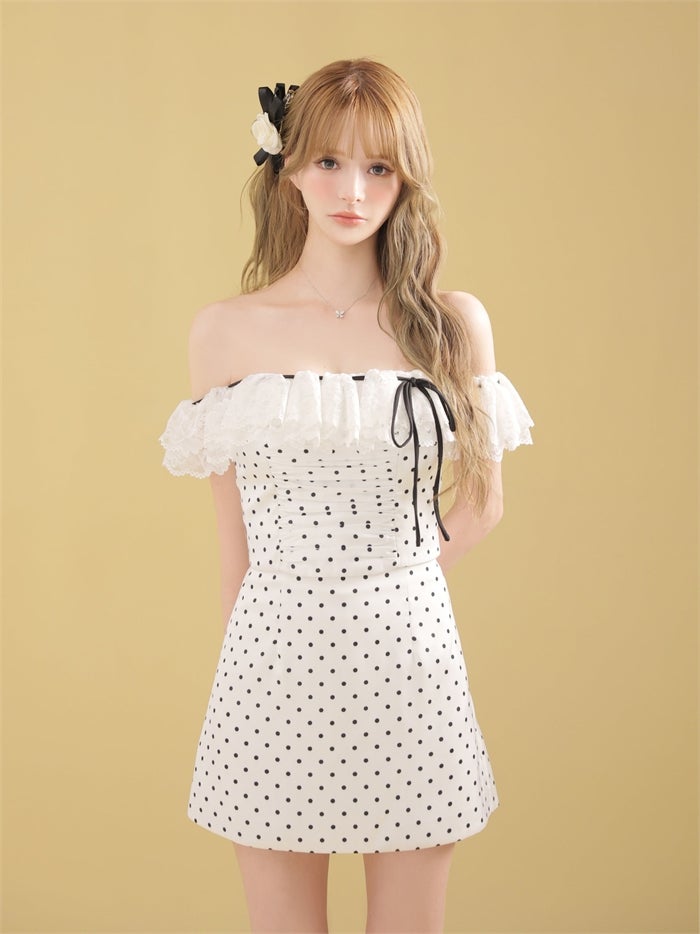 ROBE de FLEURS ローブドフルール 【XSサイズあり】ドットオフショルリボンセットアップミニキャバドレス fm4805-c