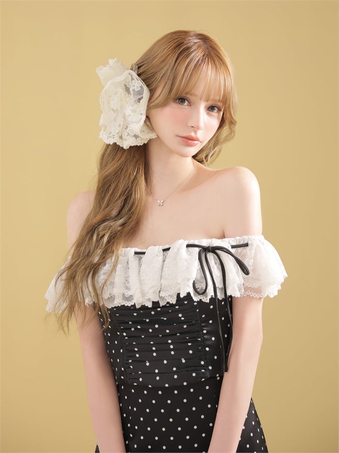 ROBE de FLEURS ローブドフルール 【XSサイズあり】ドットオフショルリボンセットアップミニキャバドレス fm4805-c
