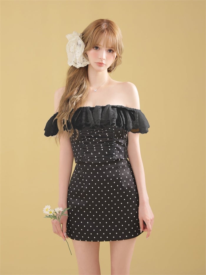 ROBE de FLEURS ローブドフルール 【XSサイズあり】ドットオフショルリボンセットアップミニキャバドレス fm4805-c