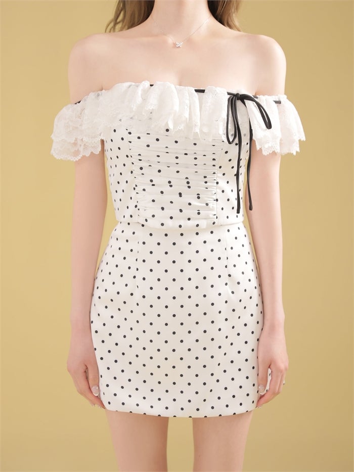 ROBE de FLEURS ローブドフルール 【XSサイズあり】ドットオフショルリボンセットアップミニキャバドレス fm4805-c