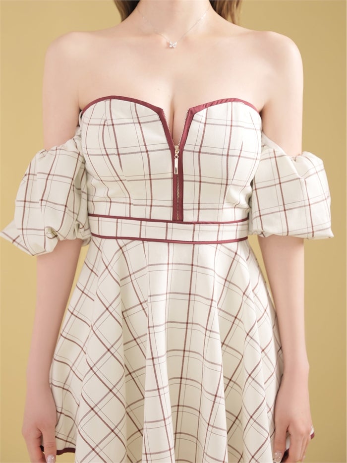 ROBE de FLEURS ローブドフルール 【XS～Lサイズあり】 チェックツイルオフショルバストジップミニキャバドレス fm4658-c